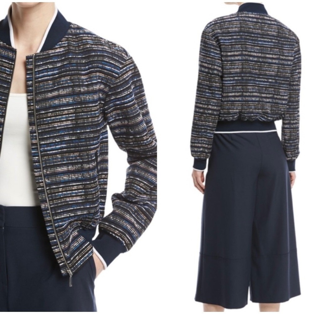GREY JASON WU Navy Multi Stripe Tweed Bomber Jacket Women Size 8